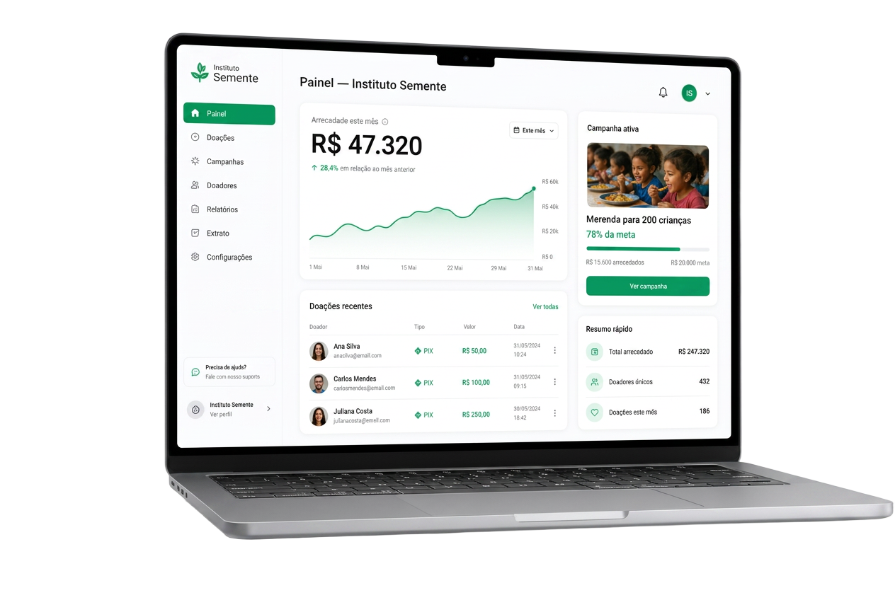 Painel da Doar Conecta mostrando doações via PIX em tempo real
