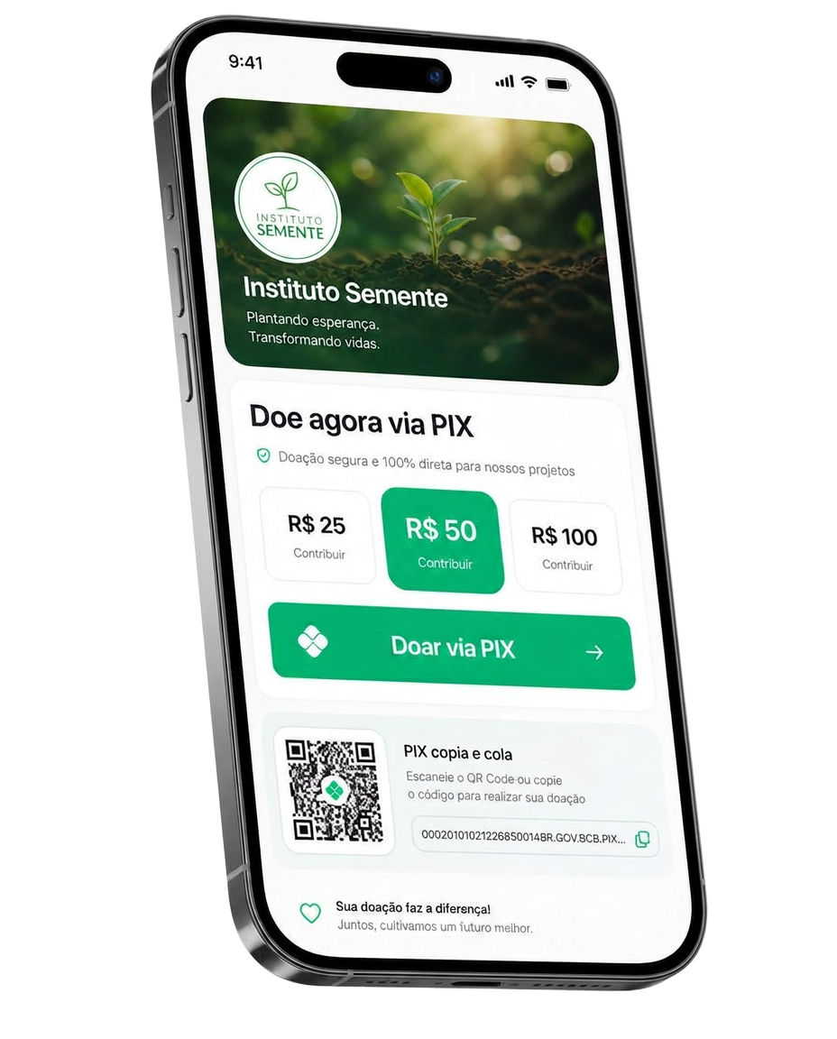 Página de doação da instituição no celular com QR Code PIX